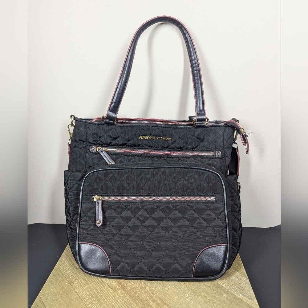 Adrienne Vittadini Quilted Black Shoulder Bag – 13.5” Nylon Tote with Pink Trim